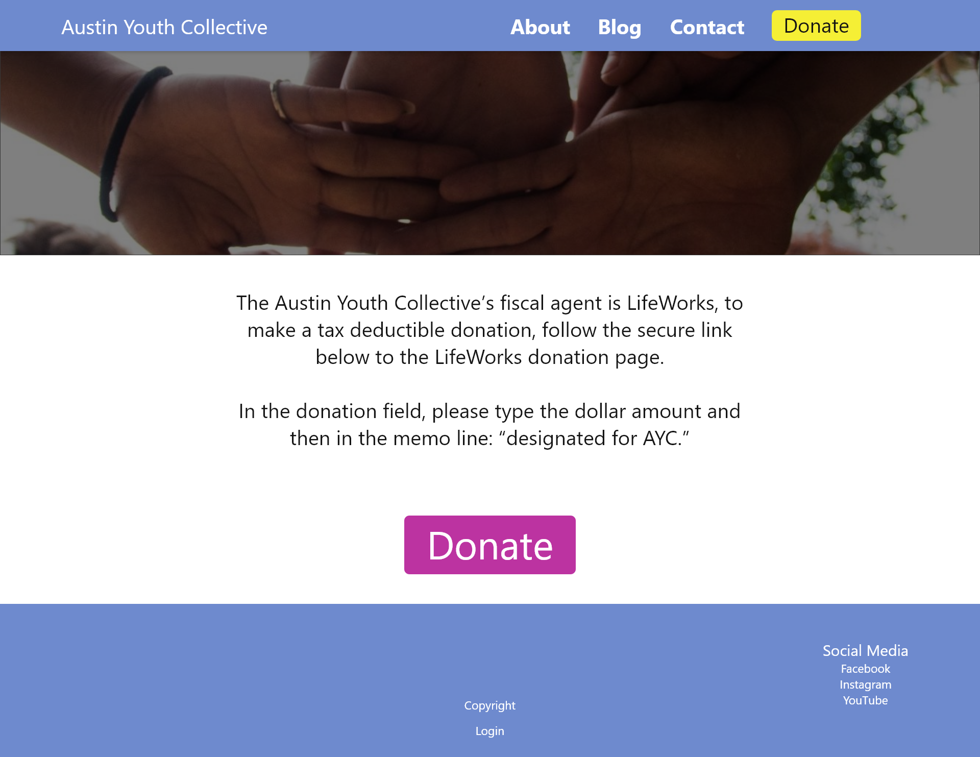 Image of a the Donate page of Austin Youth Collective